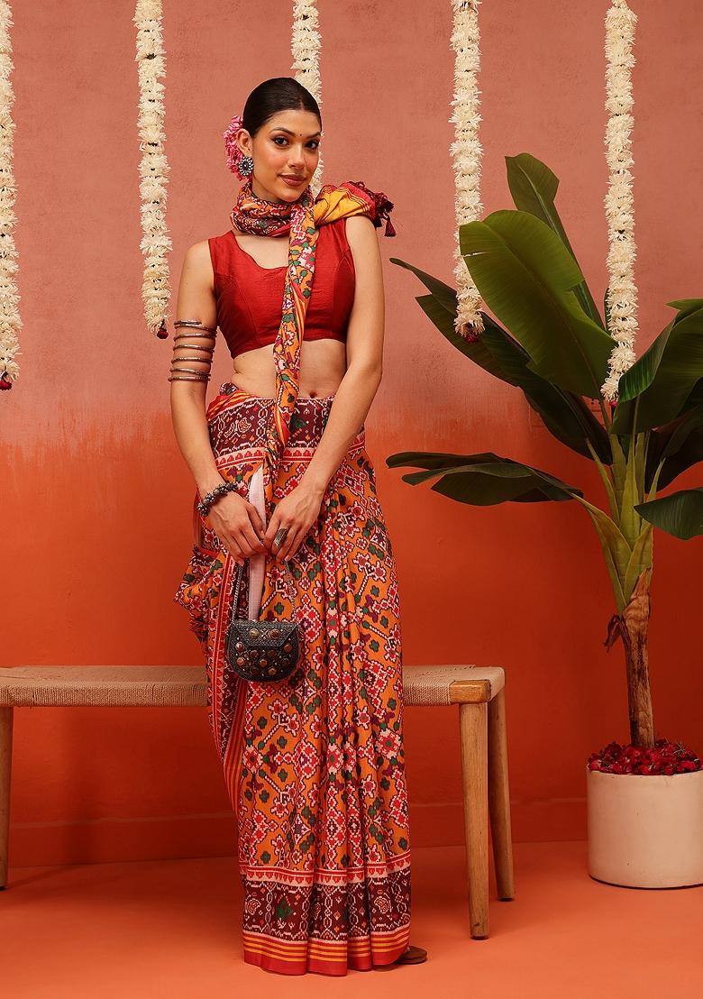 Multi Color Ikat Silk Saree Set - Indya