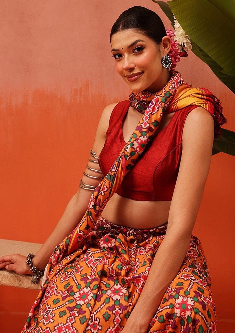 Multi Color Ikat Silk Saree Set - Indya