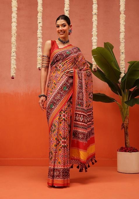 Multi Color Ikat Silk Saree Set