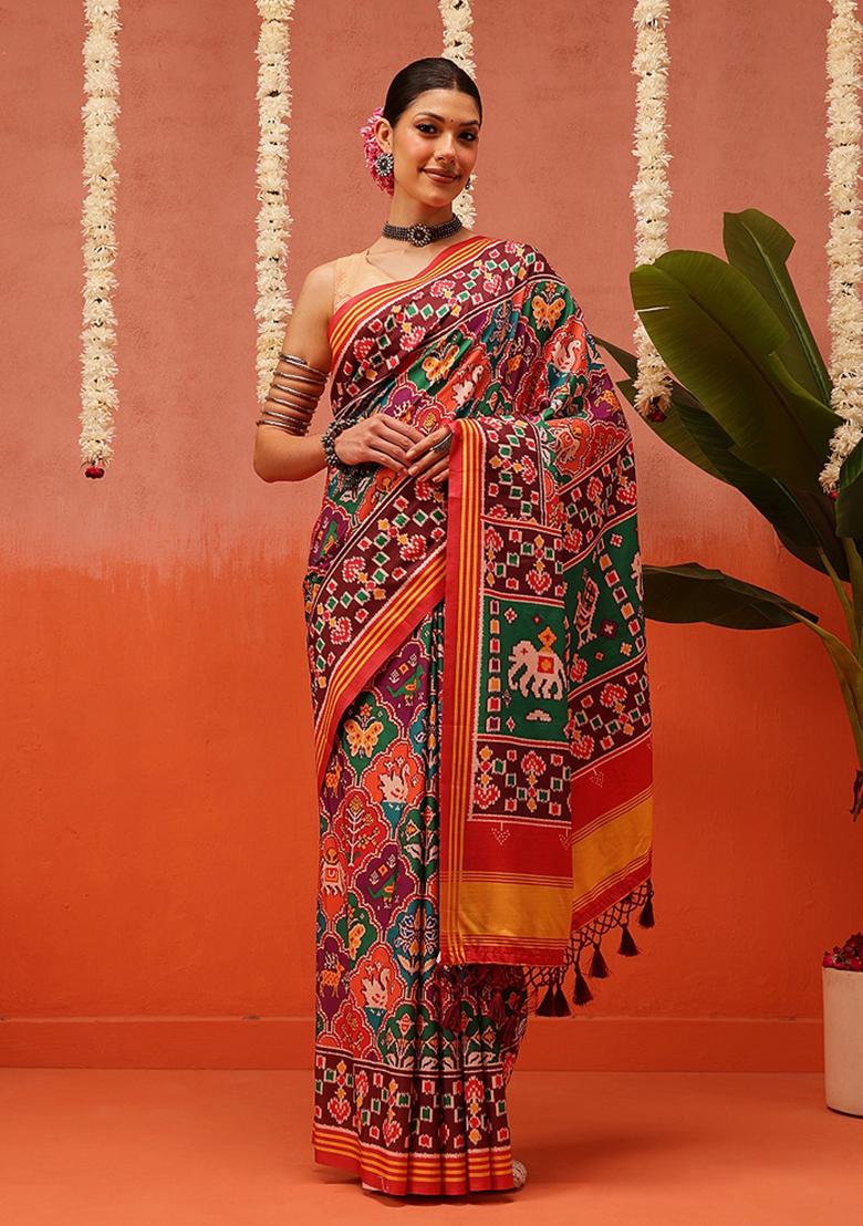 Multi Color Ikat Silk Saree Set