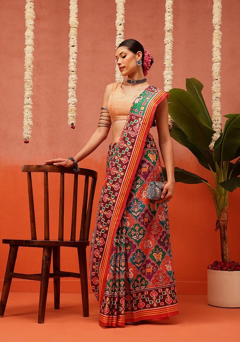 Multi Color Ikat Silk Saree Set - Indya