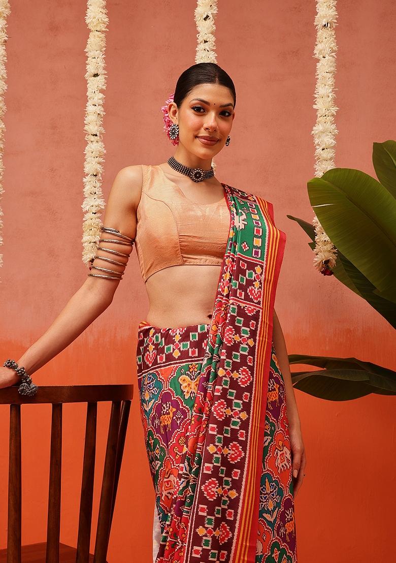 Multi Color Ikat Silk Saree Set - Indya