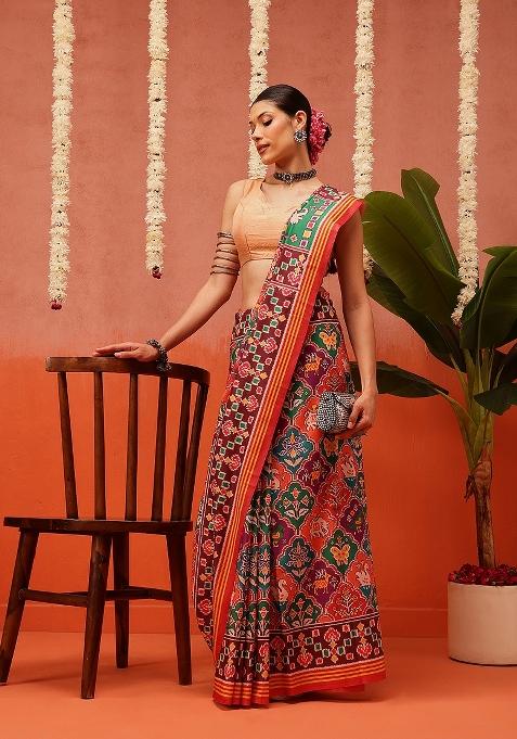 Multi Color Ikat Silk Saree Set