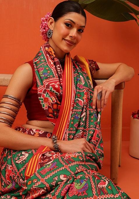 Multi Color Ikat Silk Saree Set