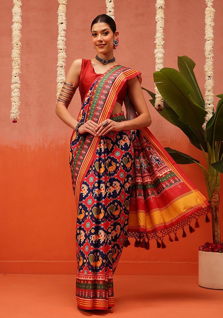 Multi Color Ikat Silk Saree Set - Indya