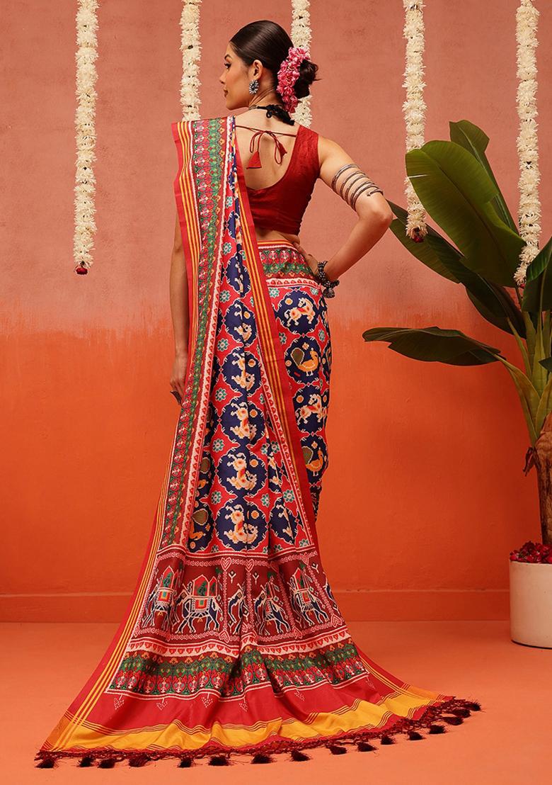 Multi Color Ikat Silk Saree Set - Indya