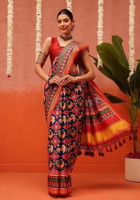 Multi Color Ikat Silk Saree Set