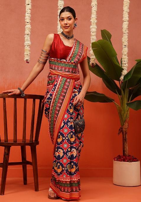 Multi Color Ikat Silk Saree Set