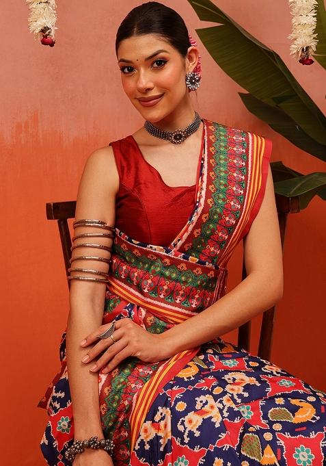 Multi Color Ikat Silk Saree Set