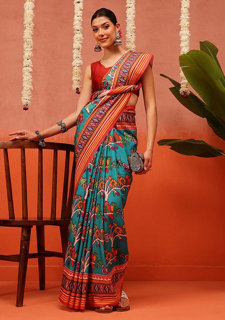 Multi Color Ikat Silk Saree Set
