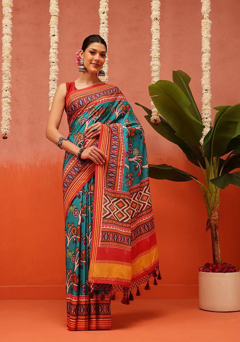 Multi Color Ikat Silk Saree Set - Indya