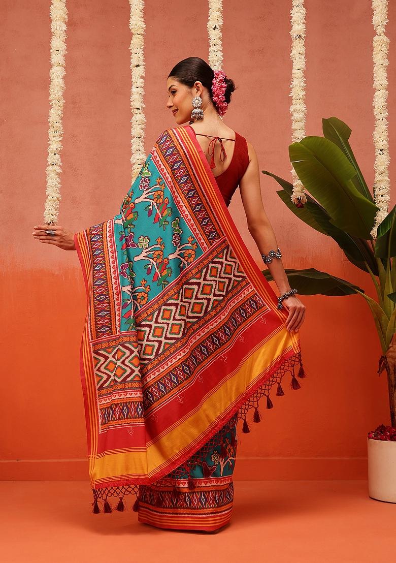 Multi Color Ikat Silk Saree Set