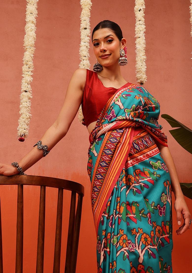 Multi Color Ikat Silk Saree Set - Indya