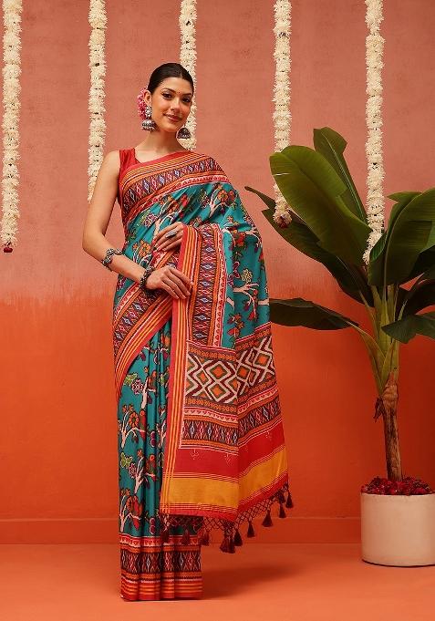 Multi Color Ikat Silk Saree Set