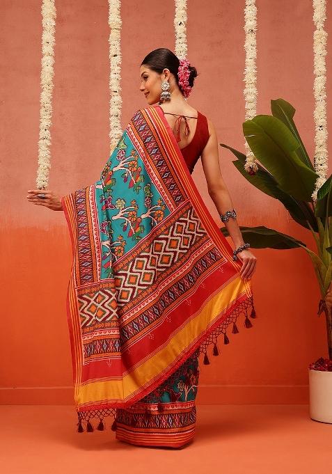 Multi Color Ikat Silk Saree Set