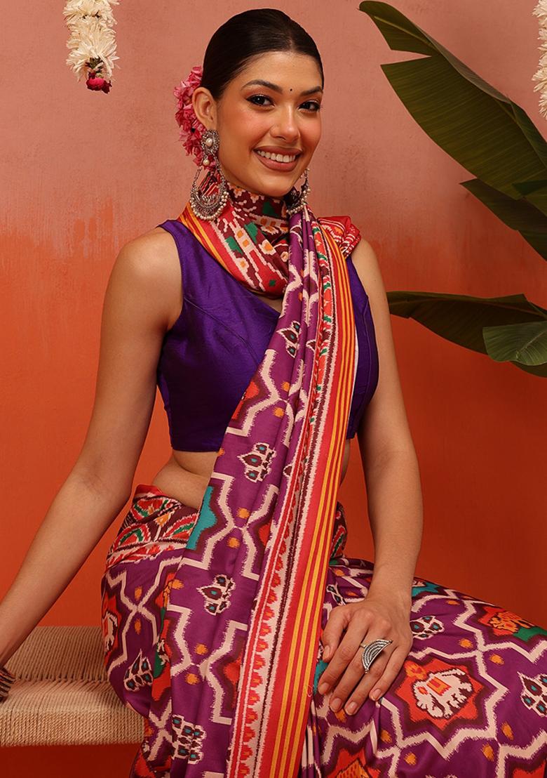 Multi Color Ikat Silk Saree Set - Indya