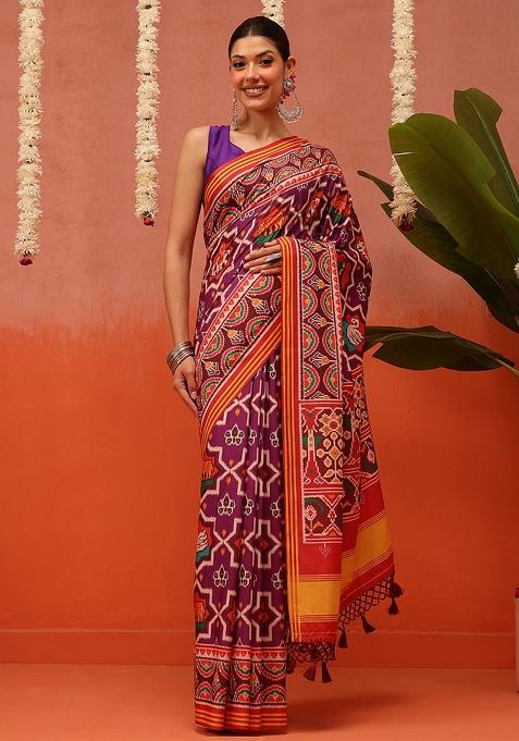 Multi Color Ikat Silk Saree Set