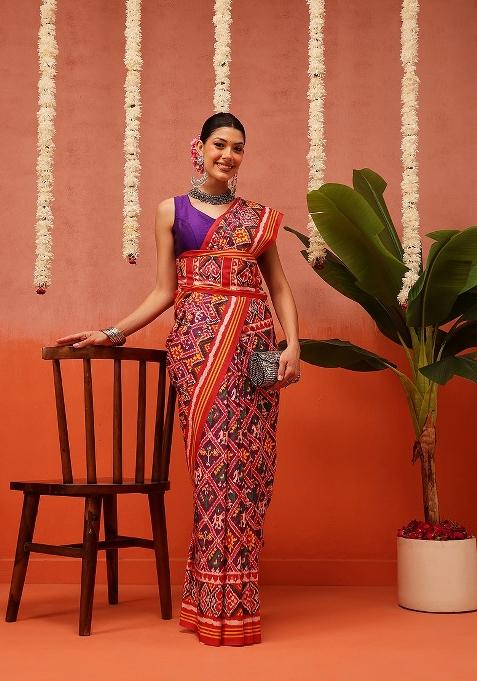 Multi Color Ikat Silk Saree Set