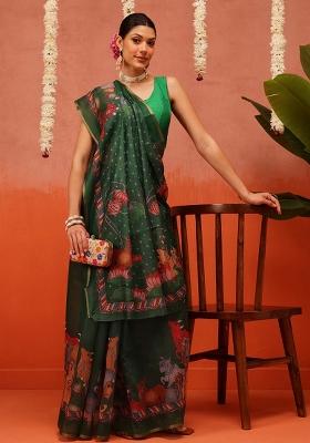 Green Printed Cotton Saree Set