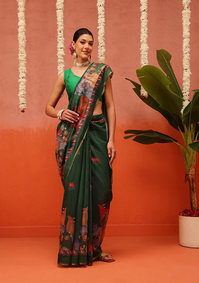 Green Printed Cotton Saree Set - Indya