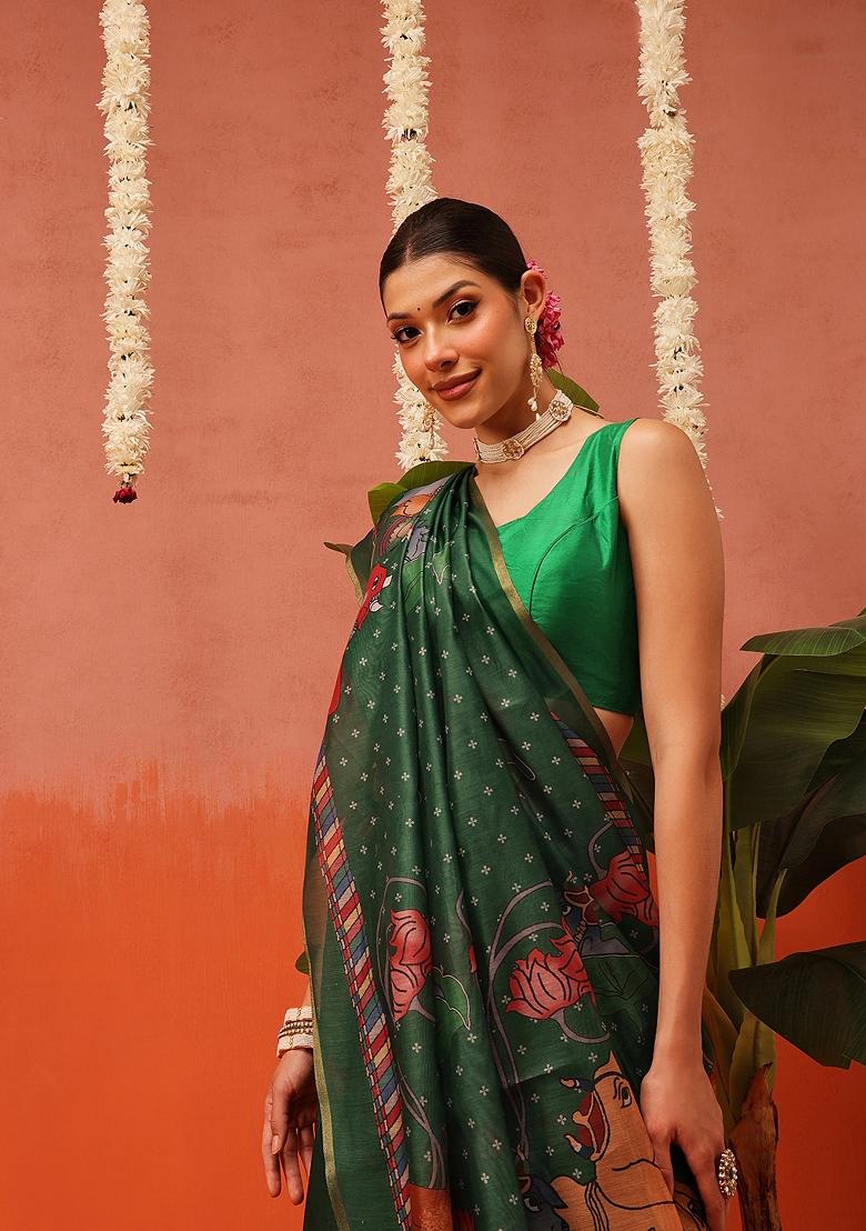 Green Printed Cotton Saree Set - Indya