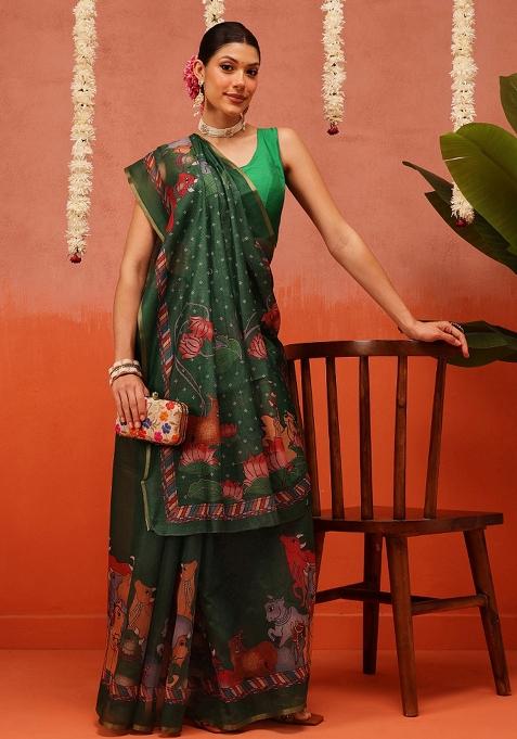 Green Printed Cotton Saree Set