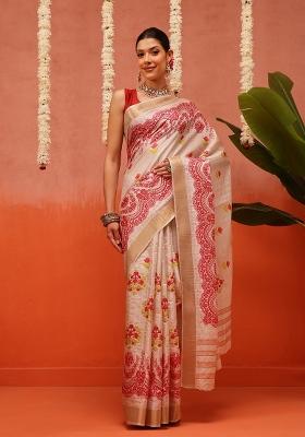Beige Printed Silk Saree Set
