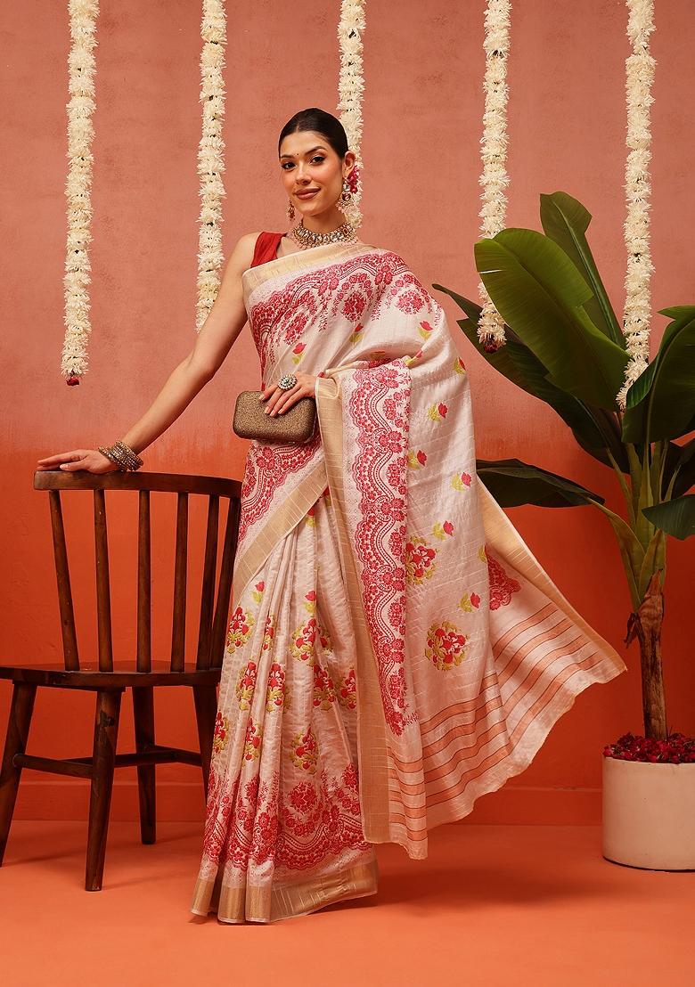 Beige Printed Silk Saree Set - Indya