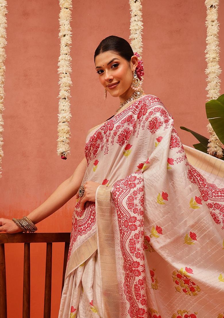 Beige Printed Silk Saree Set - Indya