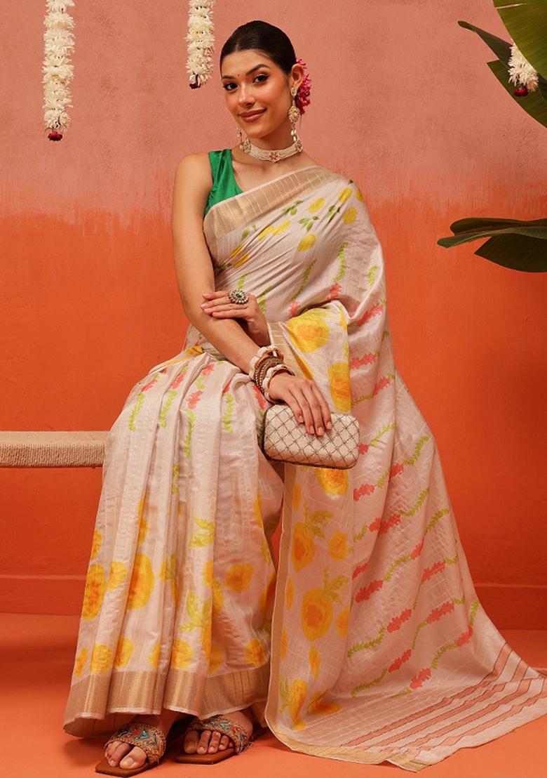 Beige Printed Silk Saree Set - Indya