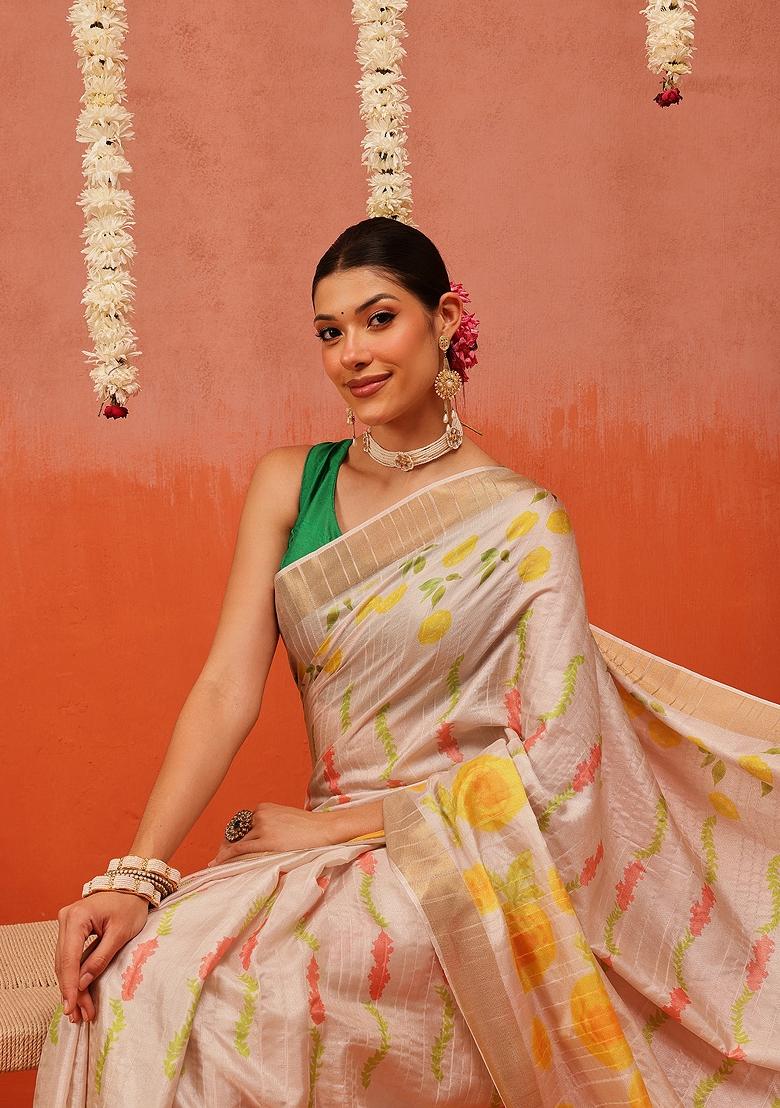 Beige Printed Silk Saree Set - Indya