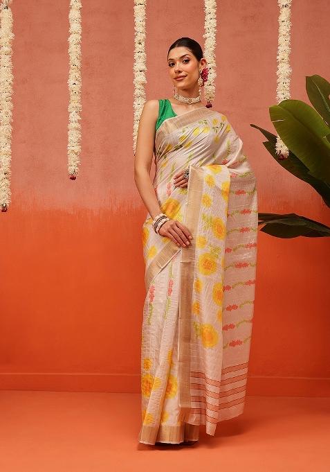 Beige Printed Silk Saree Set