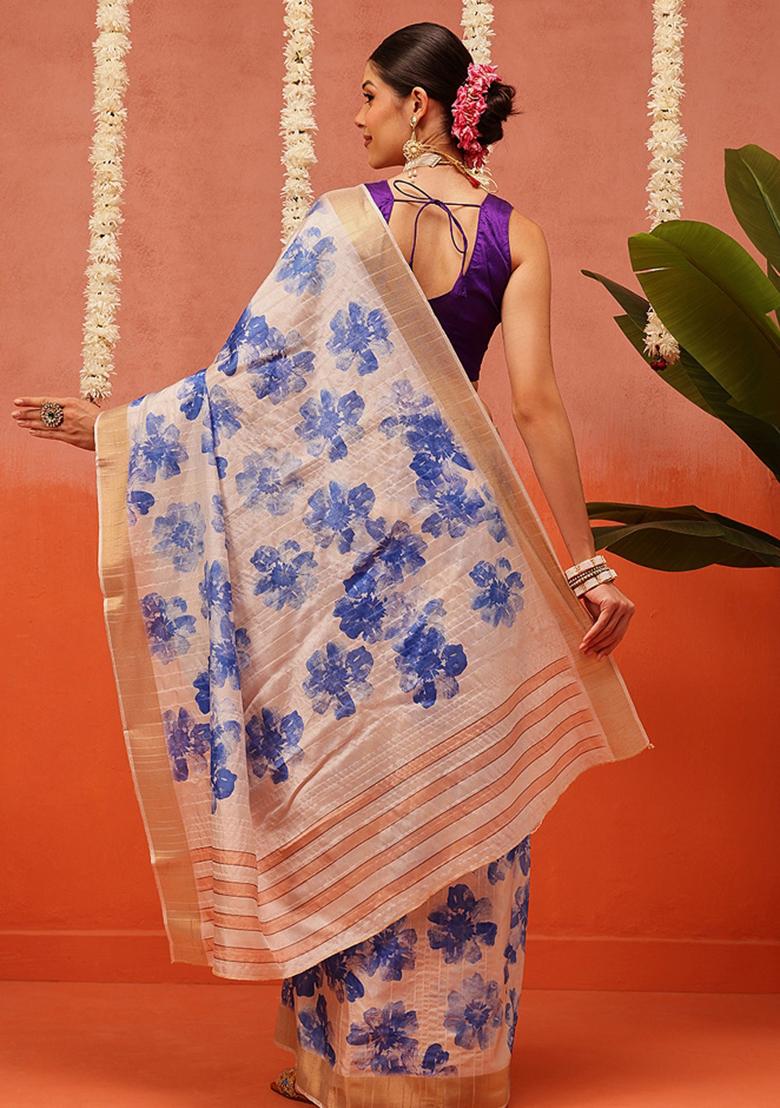 Beige Printed Silk Saree Set