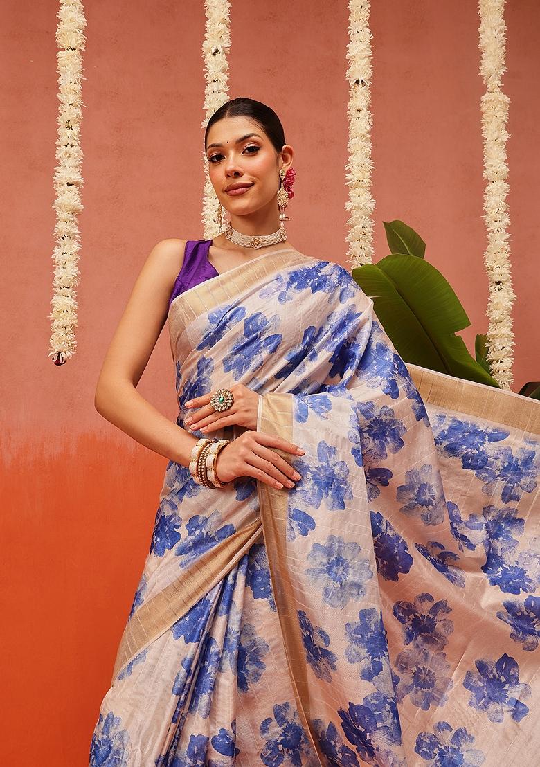 Beige Printed Silk Saree Set - Indya