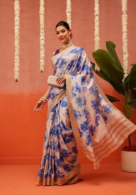 Beige Printed Silk Saree Set