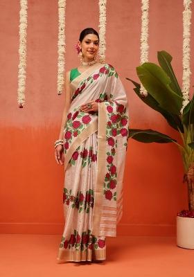 Beige Printed Silk Saree Set