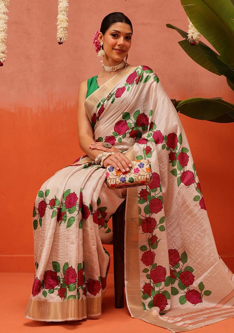 Beige Printed Silk Saree Set - Indya
