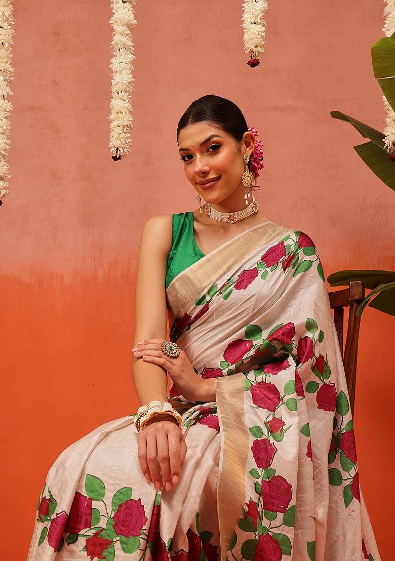 Beige Printed Silk Saree Set - Indya