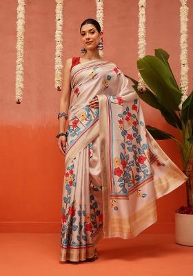 Beige Printed Silk Saree Set