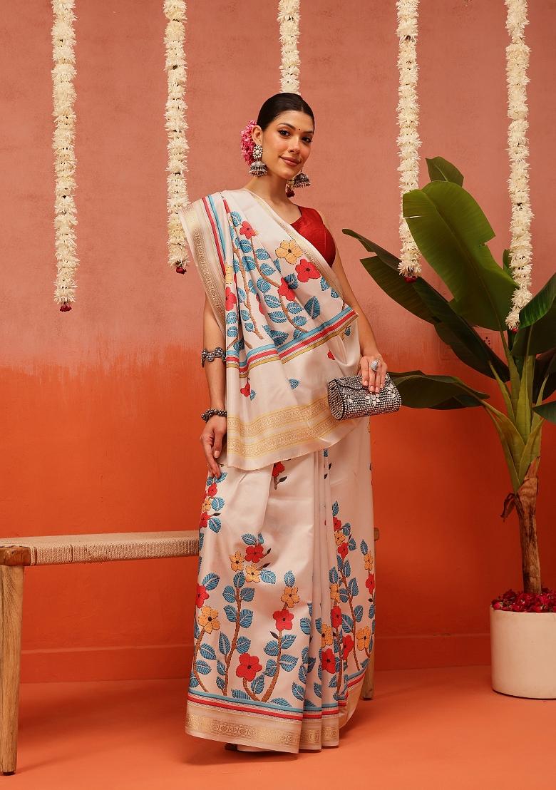 Beige Printed Silk Saree Set - Indya