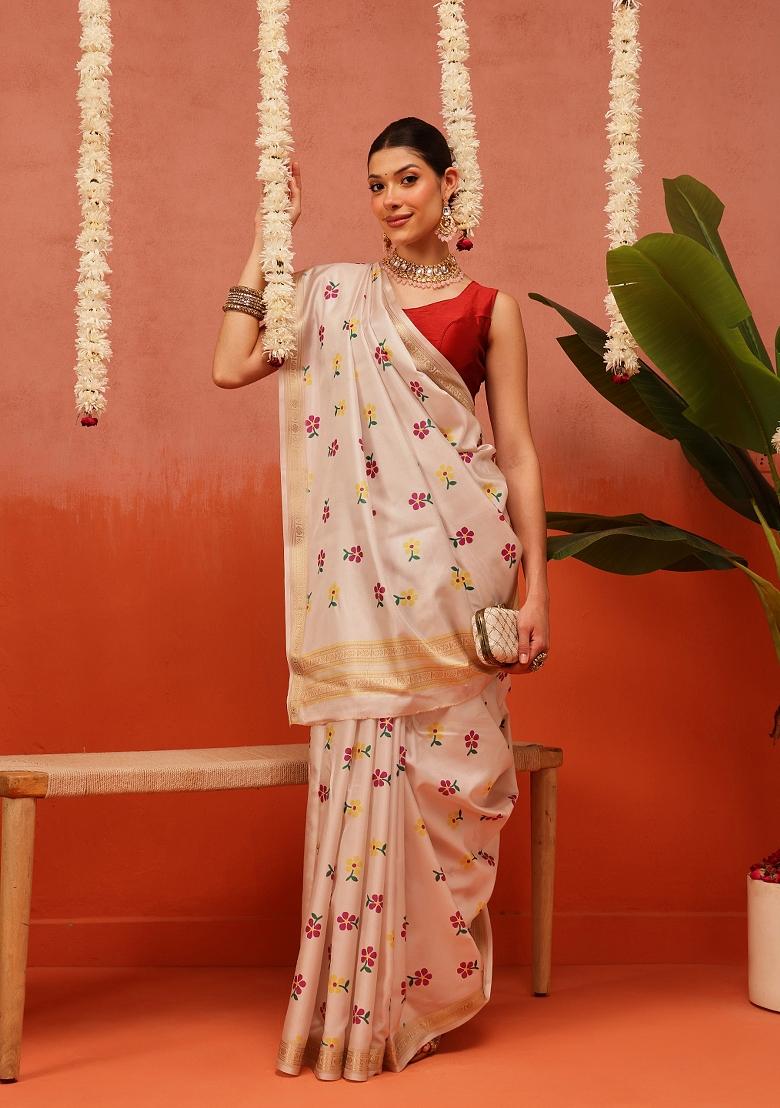 Beige Printed Silk Saree Set - Indya