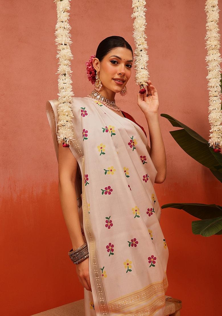 Beige Printed Silk Saree Set - Indya