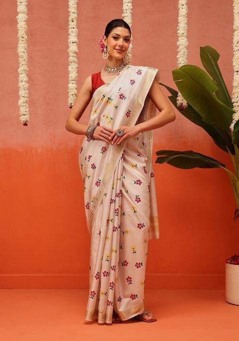 Beige Printed Silk Saree Set