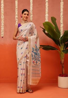 Beige Printed Silk Saree Set