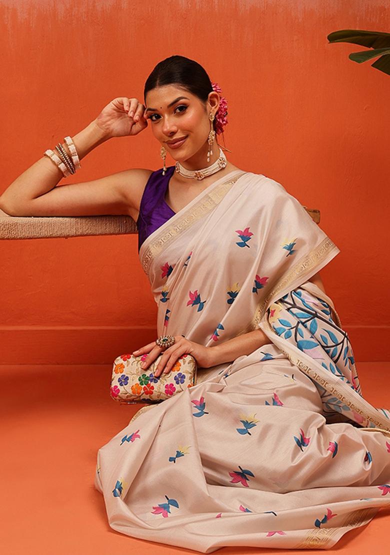 Beige Printed Silk Saree Set - Indya