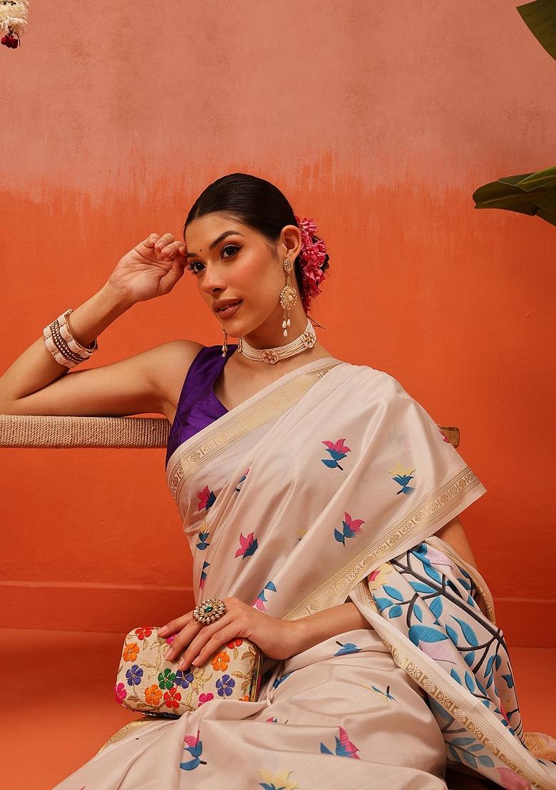 Beige Printed Silk Saree Set - Indya