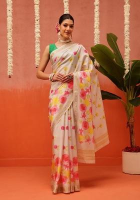 Beige Printed Silk Saree Set
