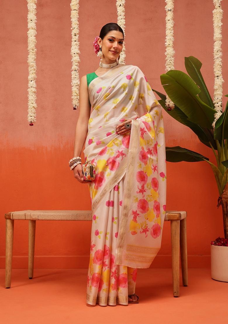 Beige Printed Silk Saree Set - Indya