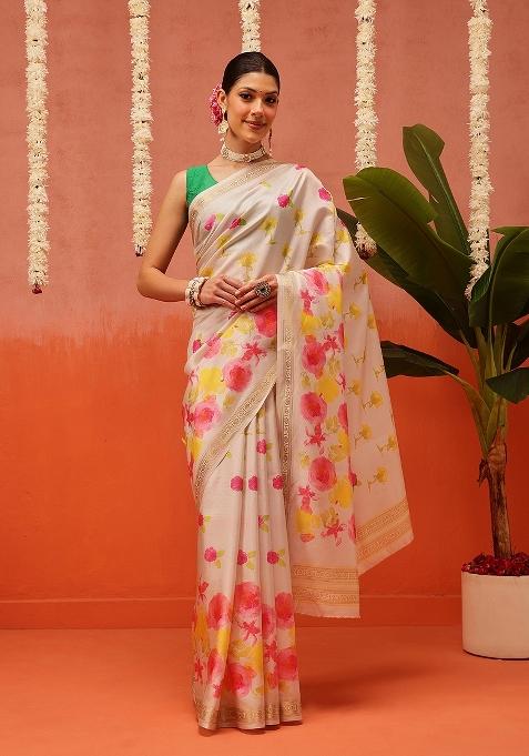 Beige Printed Silk Saree Set
