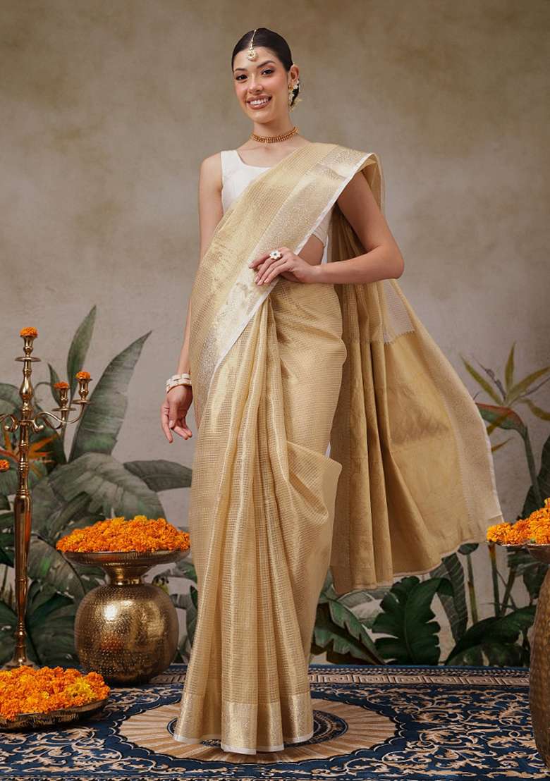 Beige Checks Tissue Saree Set - Indya